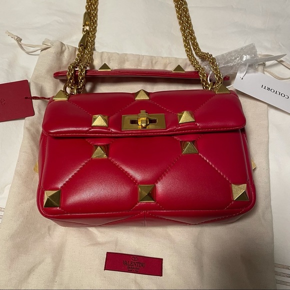 VALENTINO GARAVANI Roman Stud Medium Quilted Chain Shoulder Bag Red - Picture 5 of 16
